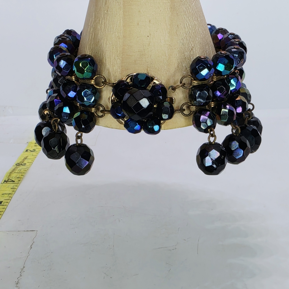 Black AB Carnival Peacock Glass Bead Fringe Cha Cha Wide Vtg Waterfall Bracelet